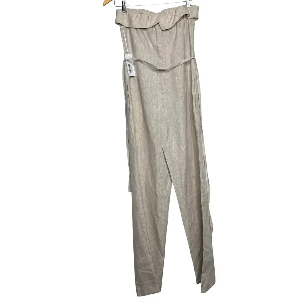 Reformation Oatmeal Size 6 Strapless Jumpsuit Linen Wide Leg Tie Waist Resort